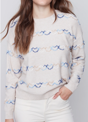 Charlie B - Almond Crew Neck Long Sleeve With Heart Embroidered Sweater