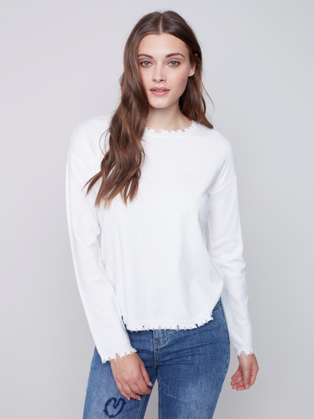 Charlie B – Crew-Neck Drop-Shoulder Sweater W Frayed Edge