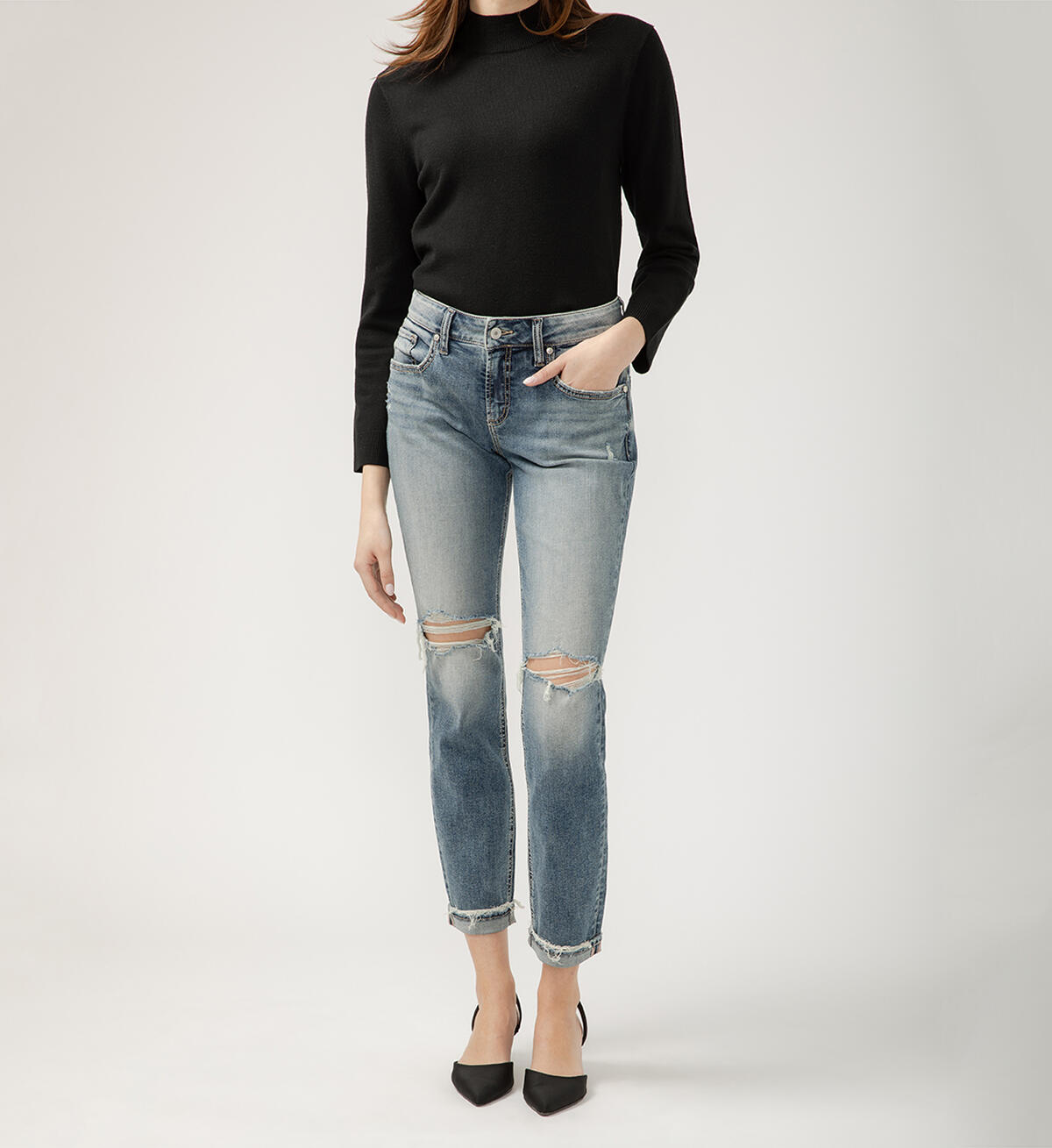 Silver - Boyfriend Mid Rise Slim Leg Jeans ~ Indigo