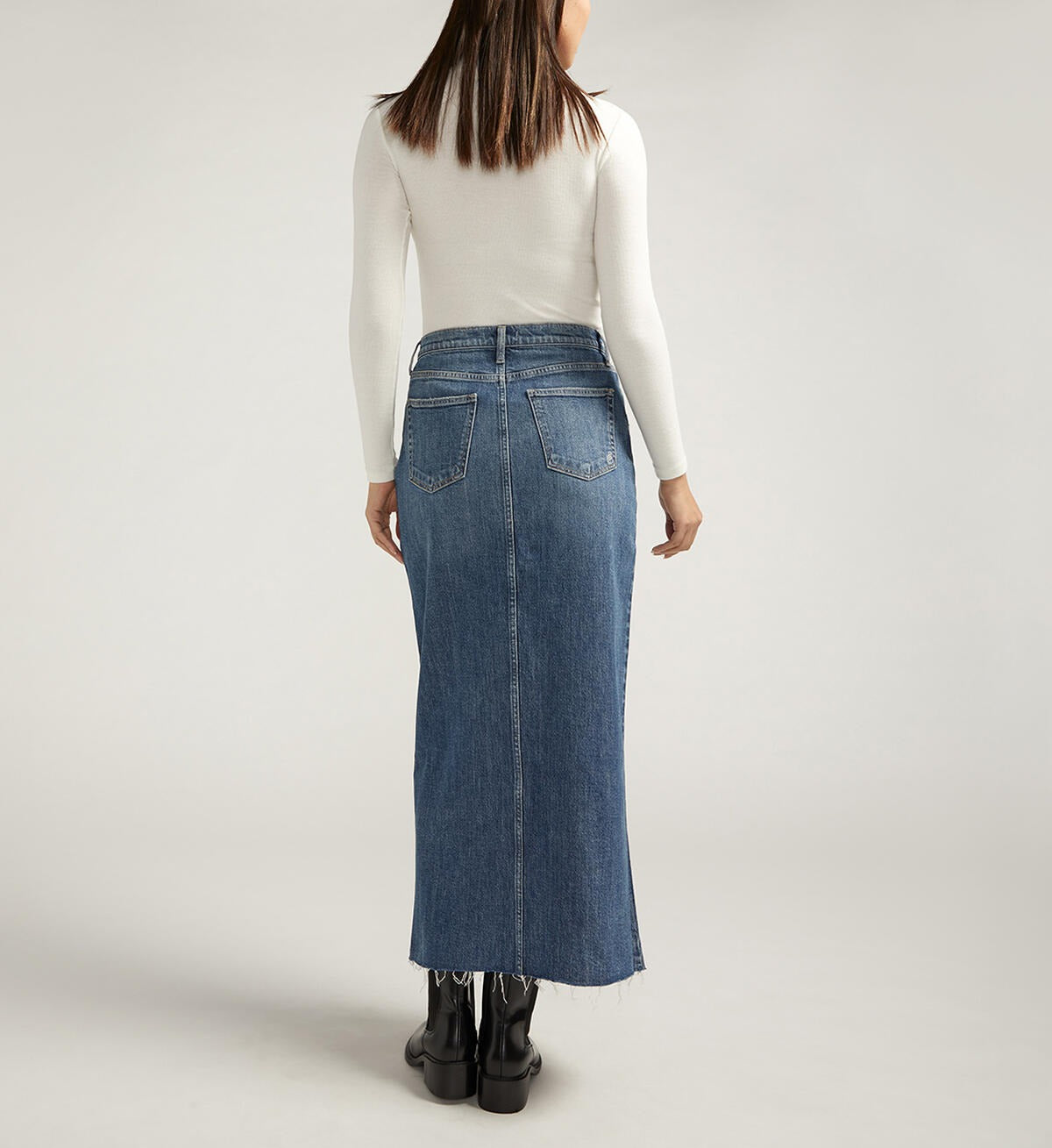 Silver - Front-Slit Maxi Jean Skirt ~ Indigo