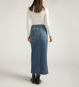 Silver - Front-Slit Maxi Jean Skirt ~ Indigo