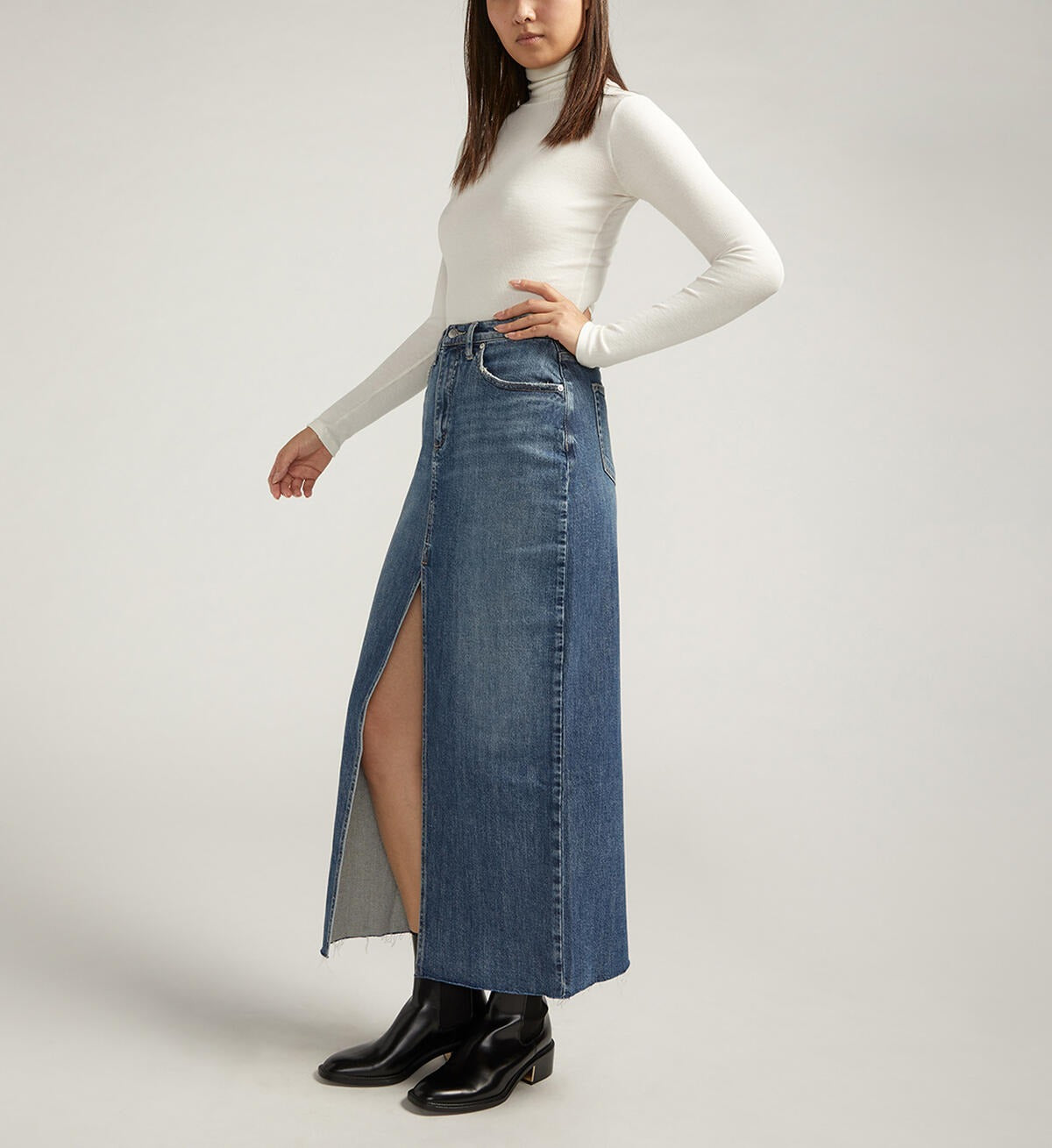 Silver - Front-Slit Maxi Jean Skirt ~ Indigo