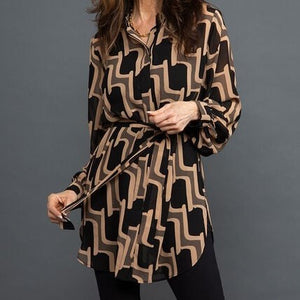 Papillon - Button-Up Belted Waist Georgette Blouse ~ Geo Print