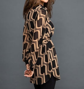 Papillon - Button-Up Belted Waist Georgette Blouse ~ Geo Print