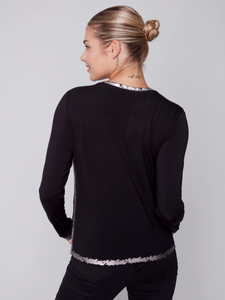 Charlie B - Long-Sleeved Top with Foil Print Detail ~ Black