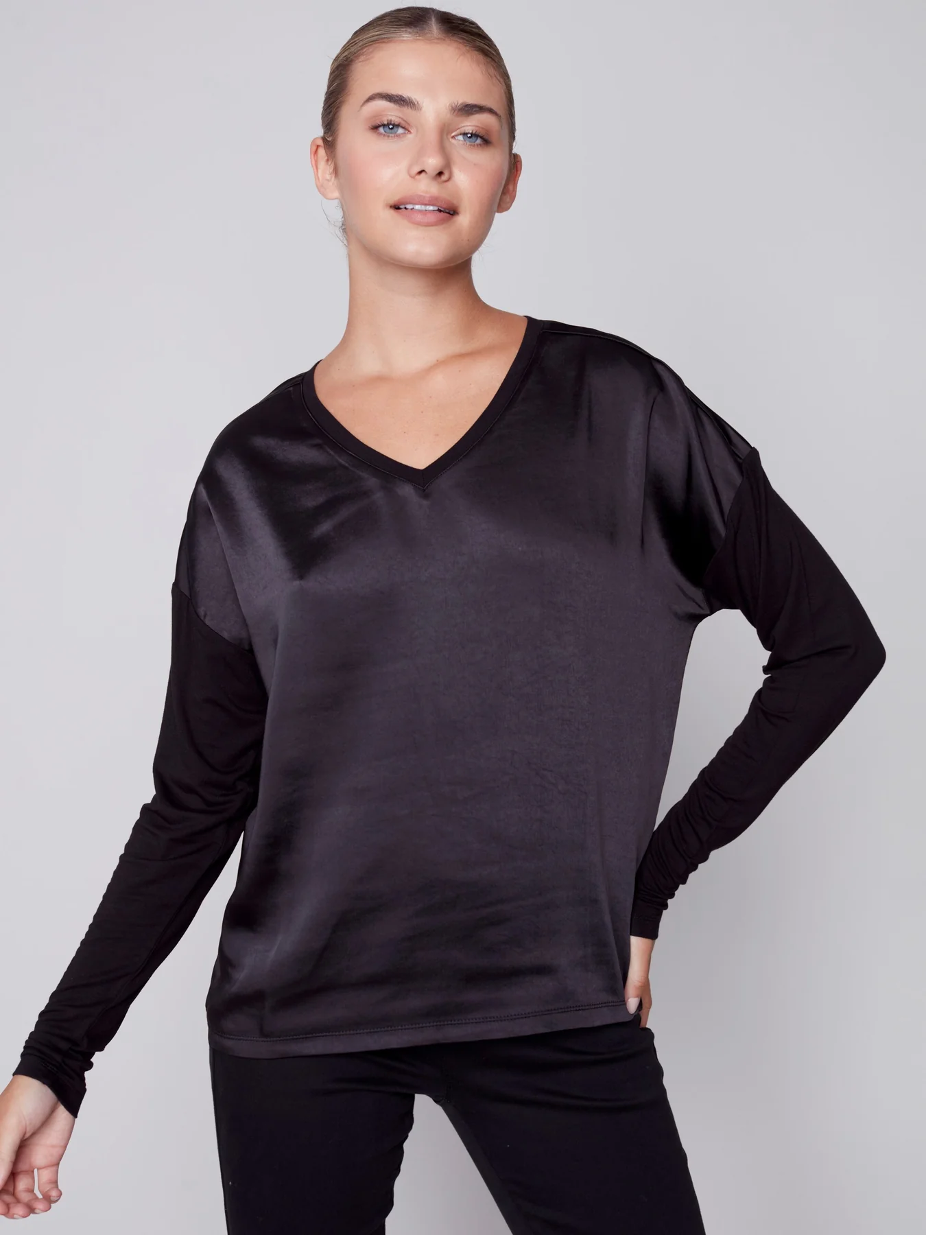 Charlie B - Satin and Jersey Knit Top ~ Black